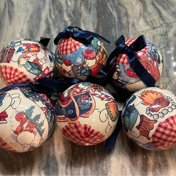 Vintage 6 Snowman Frosty Gingham Christmas Tree Decoupage Ball Ornaments - Picture 2 of 4